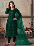 Green Net Embroidered Straight Suit