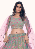 Green Thread Sequins Work Lehenga In Soft Net
