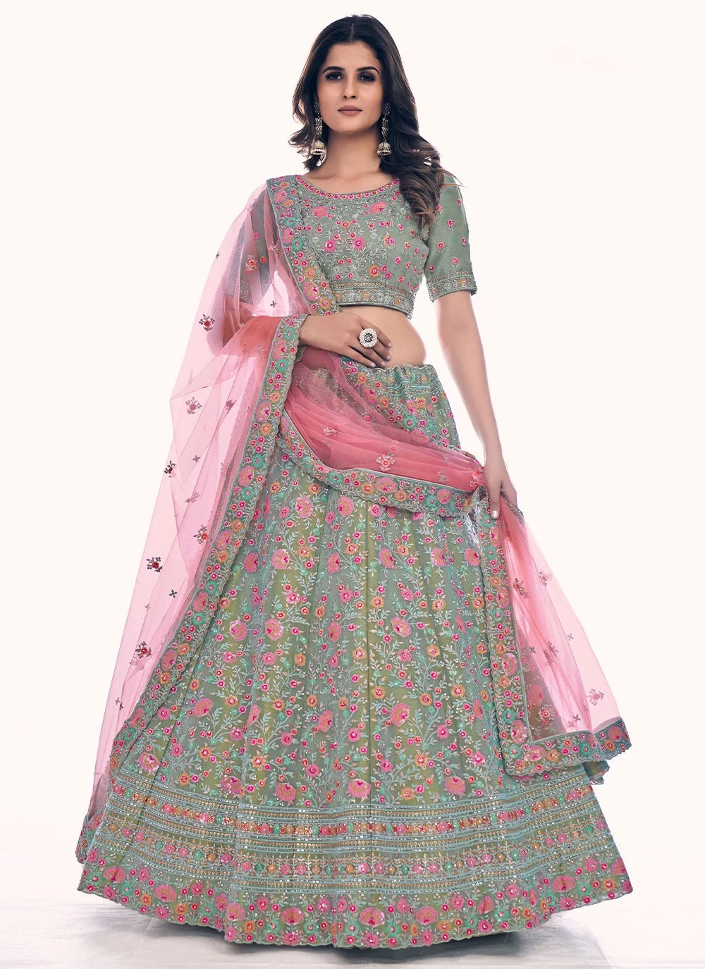 Green Thread Sequins Work Lehenga In Soft Net