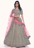 Green Thread Sequins Work Lehenga In Soft Net