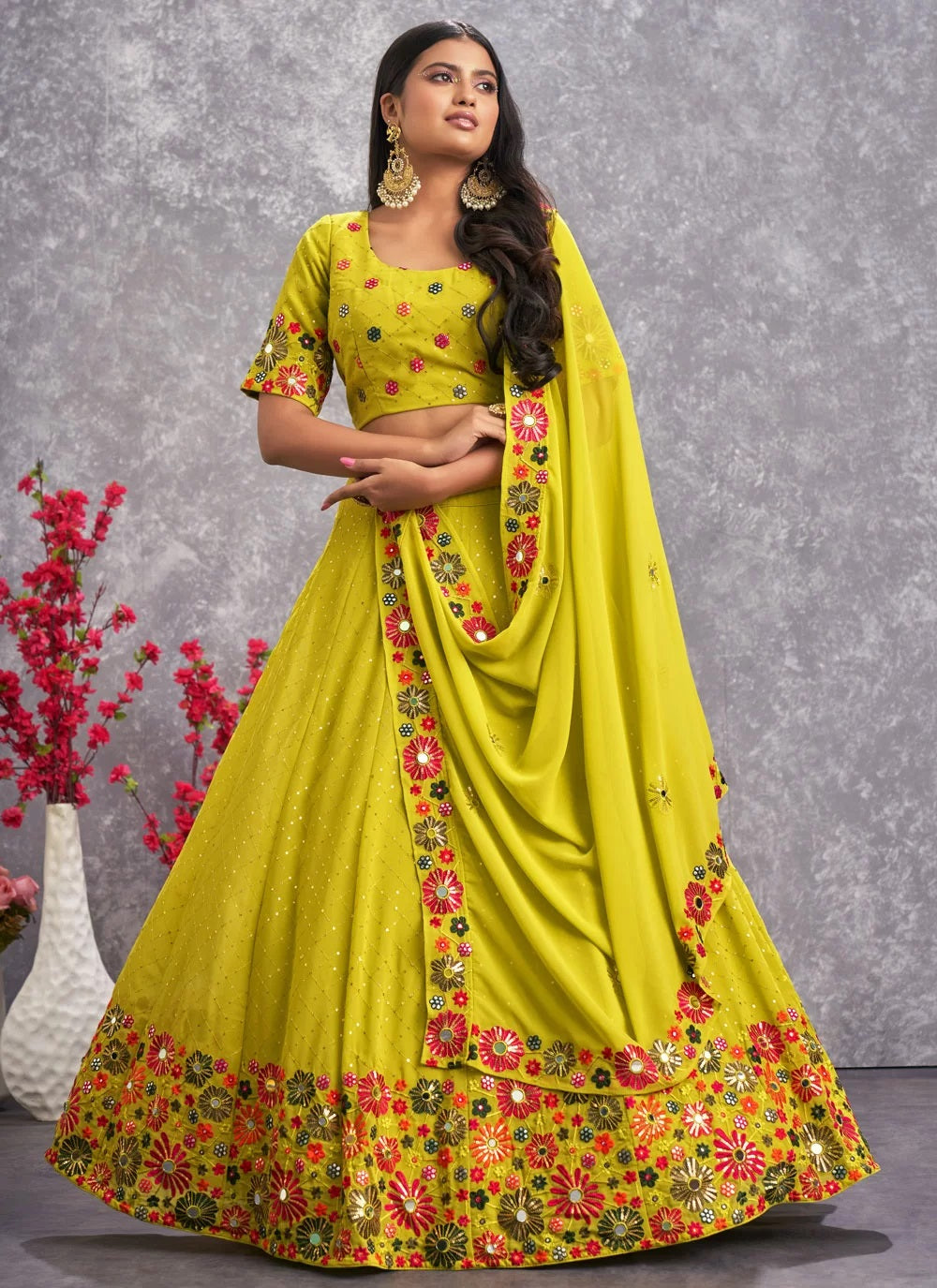 Green Thread with Sequins Embroidered and mirror work Lehenga