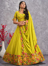 Green Thread with Sequins Embroidered and mirror work Lehenga