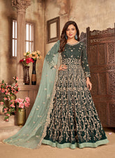 Green Velvet Embroidered Anarkali Suit
