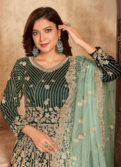 Green Velvet Embroidered Anarkali Suit