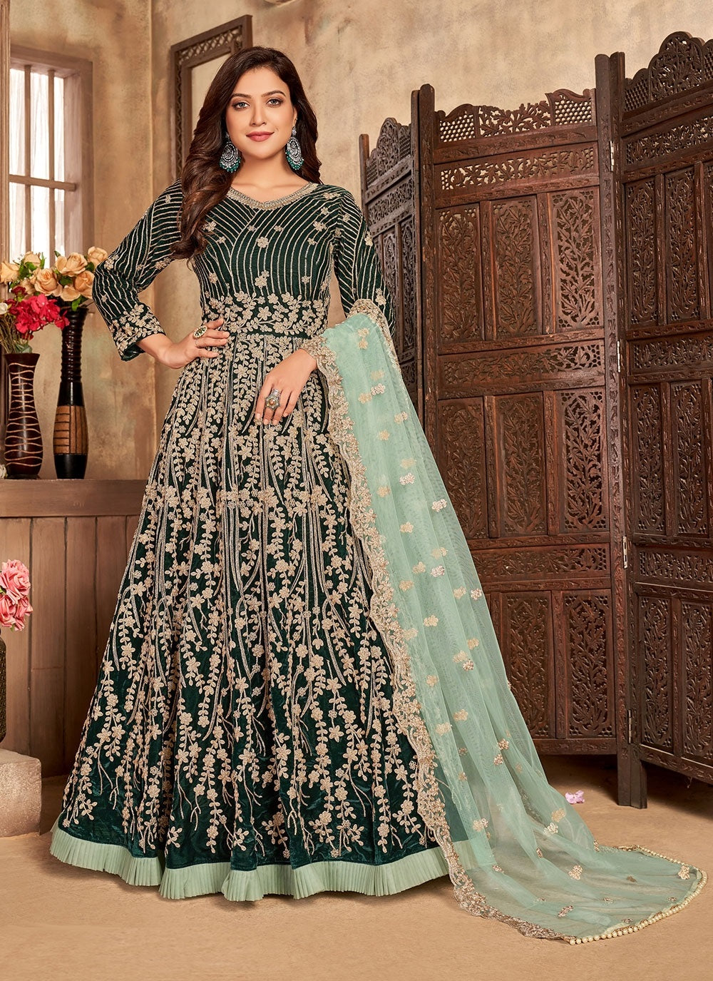 Green Velvet Embroidered Anarkali Suit