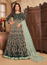 Green Velvet Embroidered Anarkali Suit