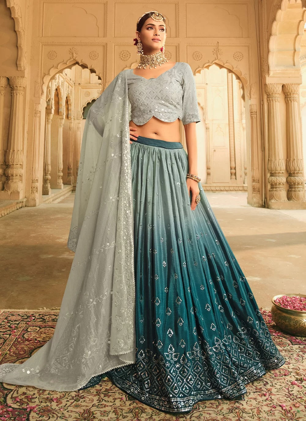 Grey and Teal Blue Heavy Embroidered Silk Lehenga Design