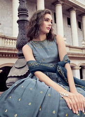 Grey Chinon Thread And Sequince Embroidered Work Gown