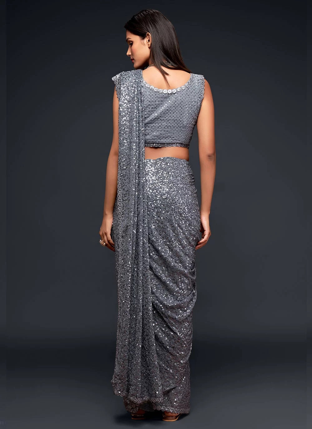 Grey Georegette Sequins Embroidered Trendy saree