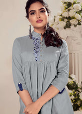 Grey Heavy Reyon Embroidered Tunic Tops For Women