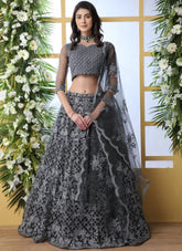 Grey Thread Work Net Lehenga