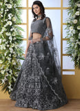 Grey Thread Work Net Lehenga
