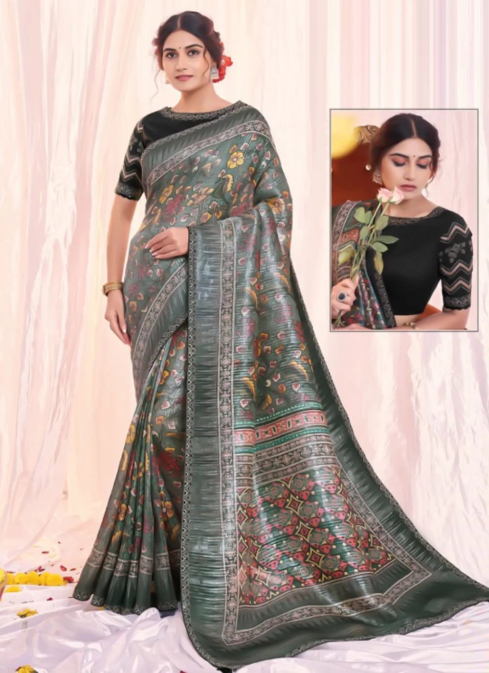 Grey Tissue Silk Embroidery Saree