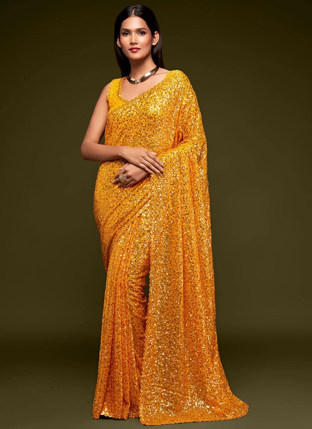 Haldi Function Special Georgette Sequins Embroidery Saree