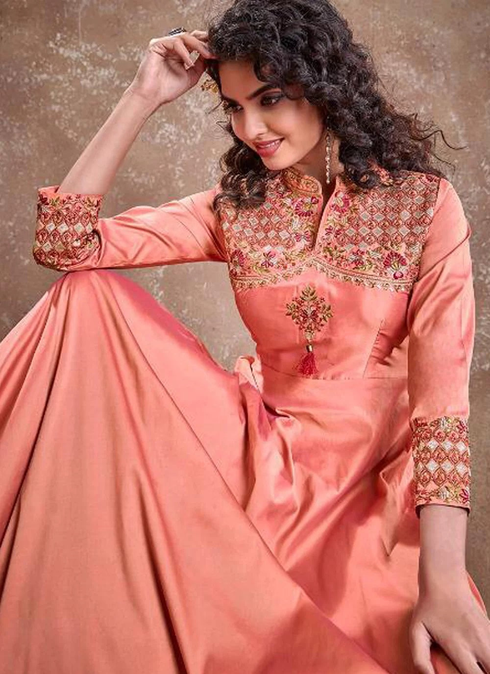 Heavy Embroidered Silk Anarkali Gown With Dupatta In Peach