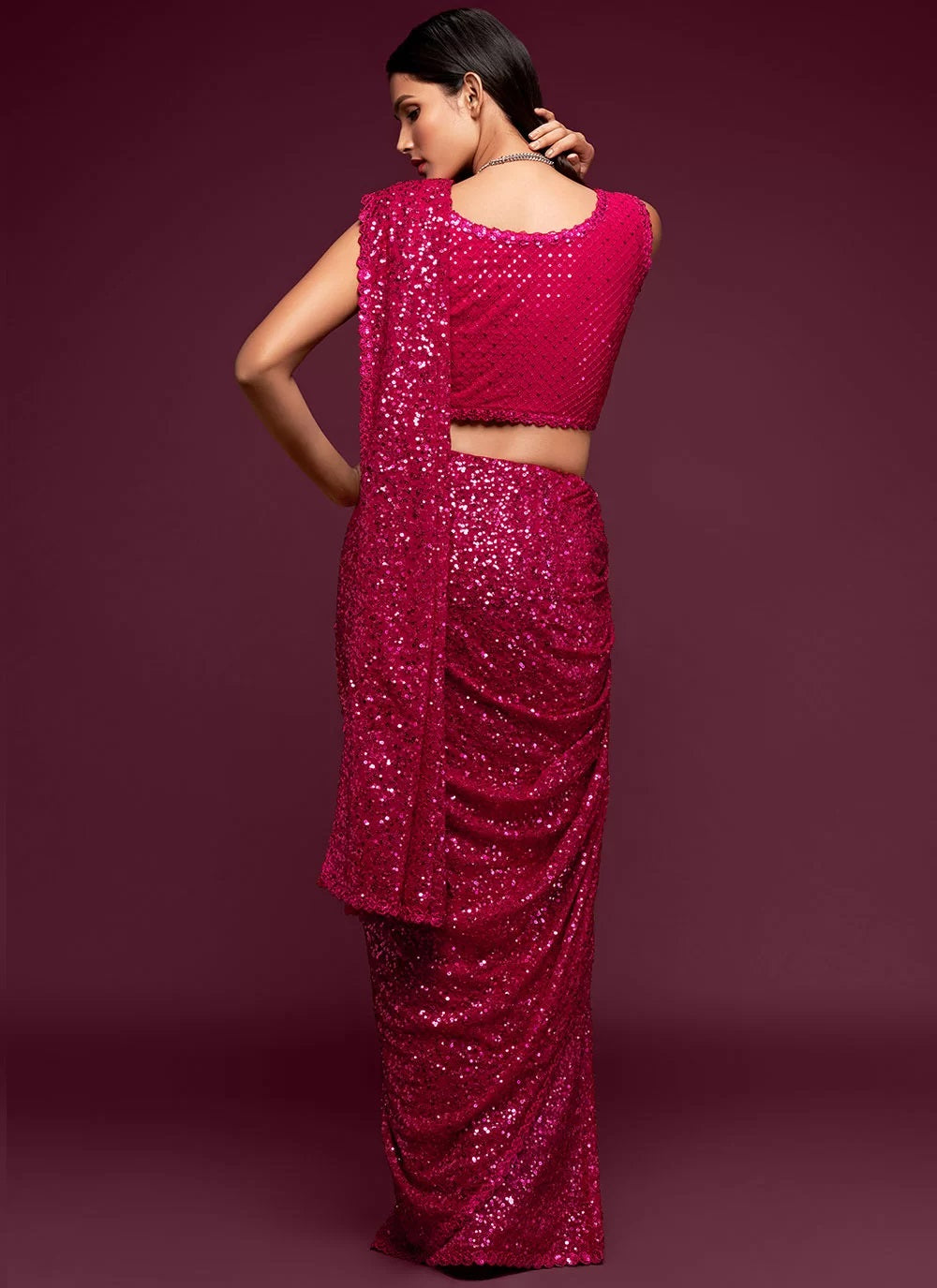 Hot Pink Georgette sequins and Embroidered saree