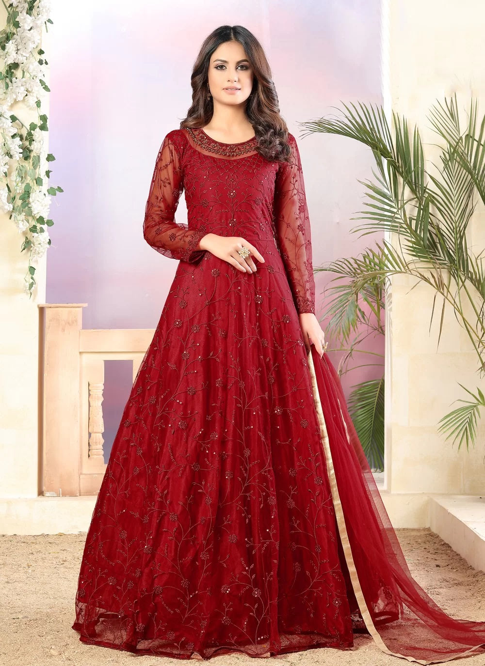Hot Red Net Designer Suit