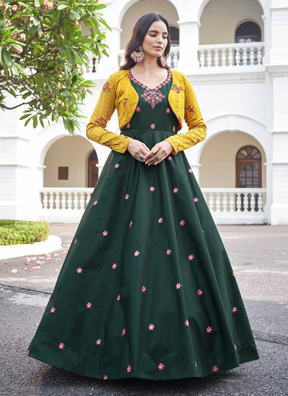 Koti Style Green Cotton Anarkali Long Gown