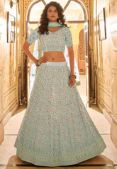 Light Blue Embroidered Crepe Lehenga For Indian Wedding