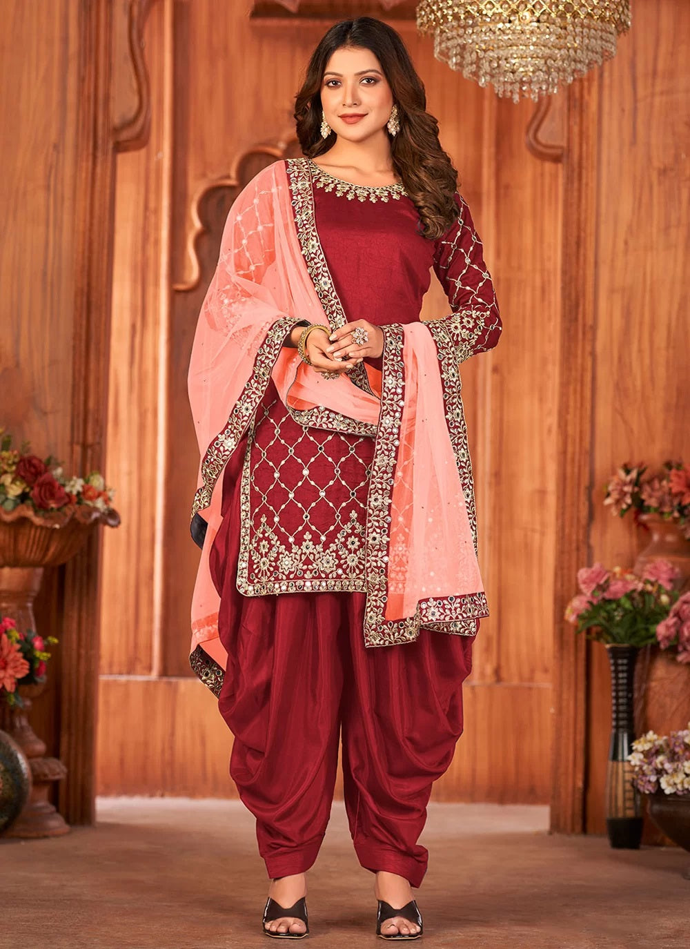 Maroon Art Silk Heavy Glass Work Punjabi Suit