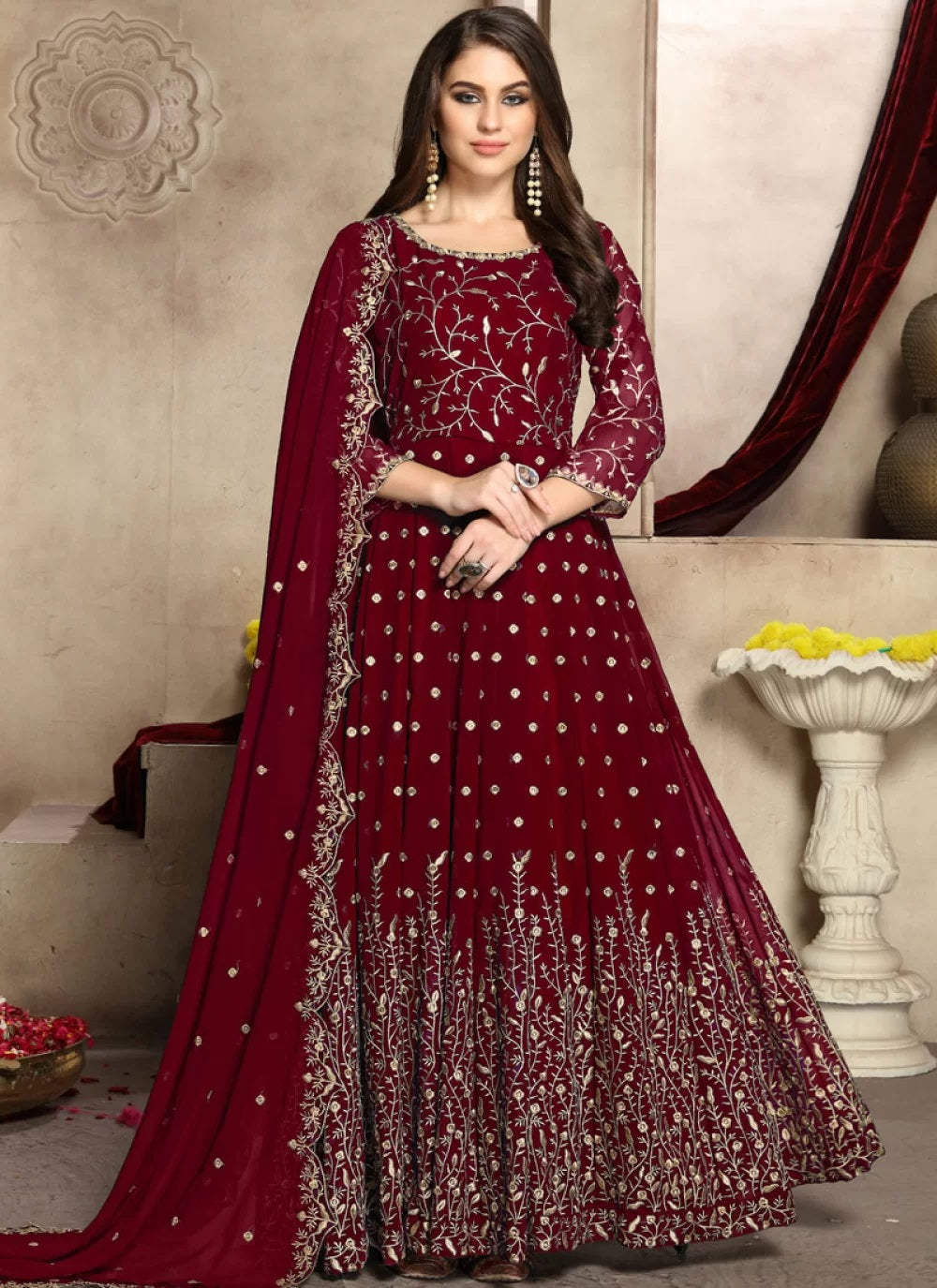 Maroon Color Embroidered Georgette Anarkali Dress Online