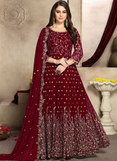 Maroon Color Embroidered Georgette Anarkali Dress Online