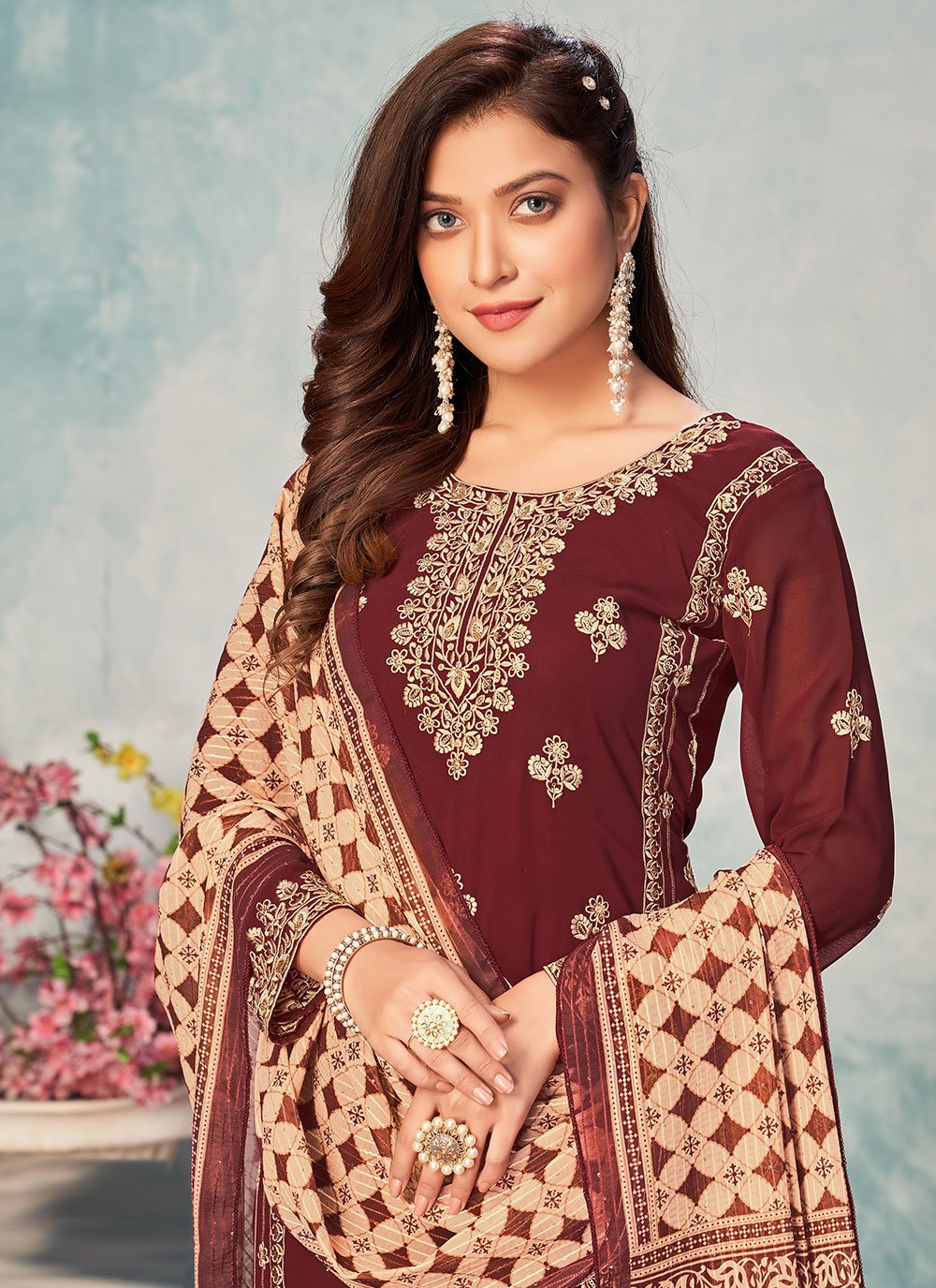Maroon Color Faux Georgette Straight Cut Salwar Suit