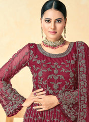 Maroon Color Net Embroidered Anarkali Suit