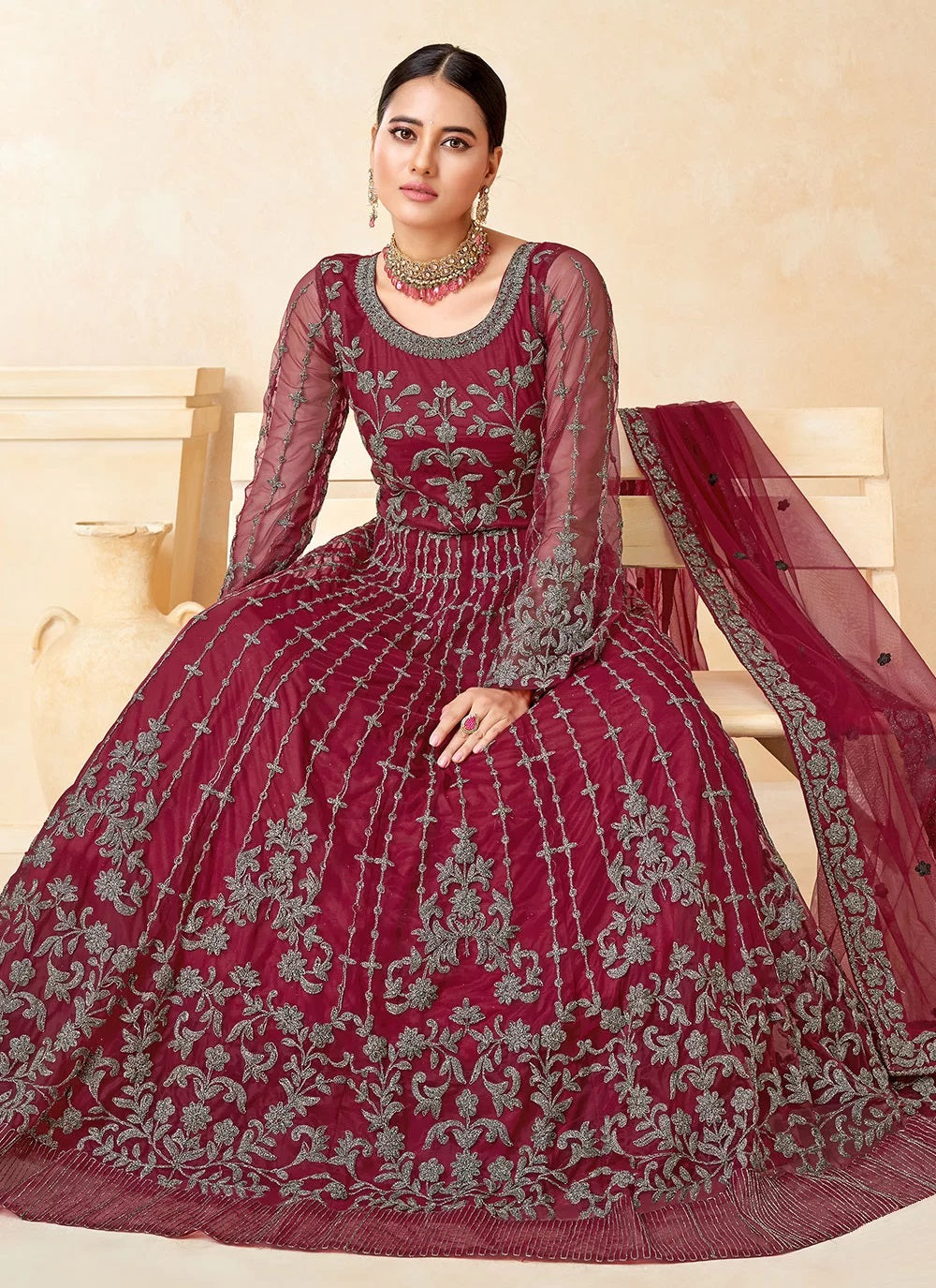 Maroon Color Net Embroidered Anarkali Suit