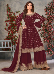 Maroon Embroidered Georgette Pakistani Suit