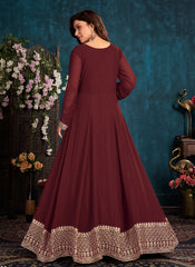 Maroon Faux Georgette Embroidered Anarkali Suit