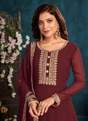 Maroon Faux Georgette Embroidered Anarkali Suit