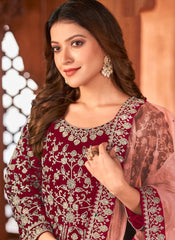 Maroon Heavy Embroidered Velvet Anarkali Dress