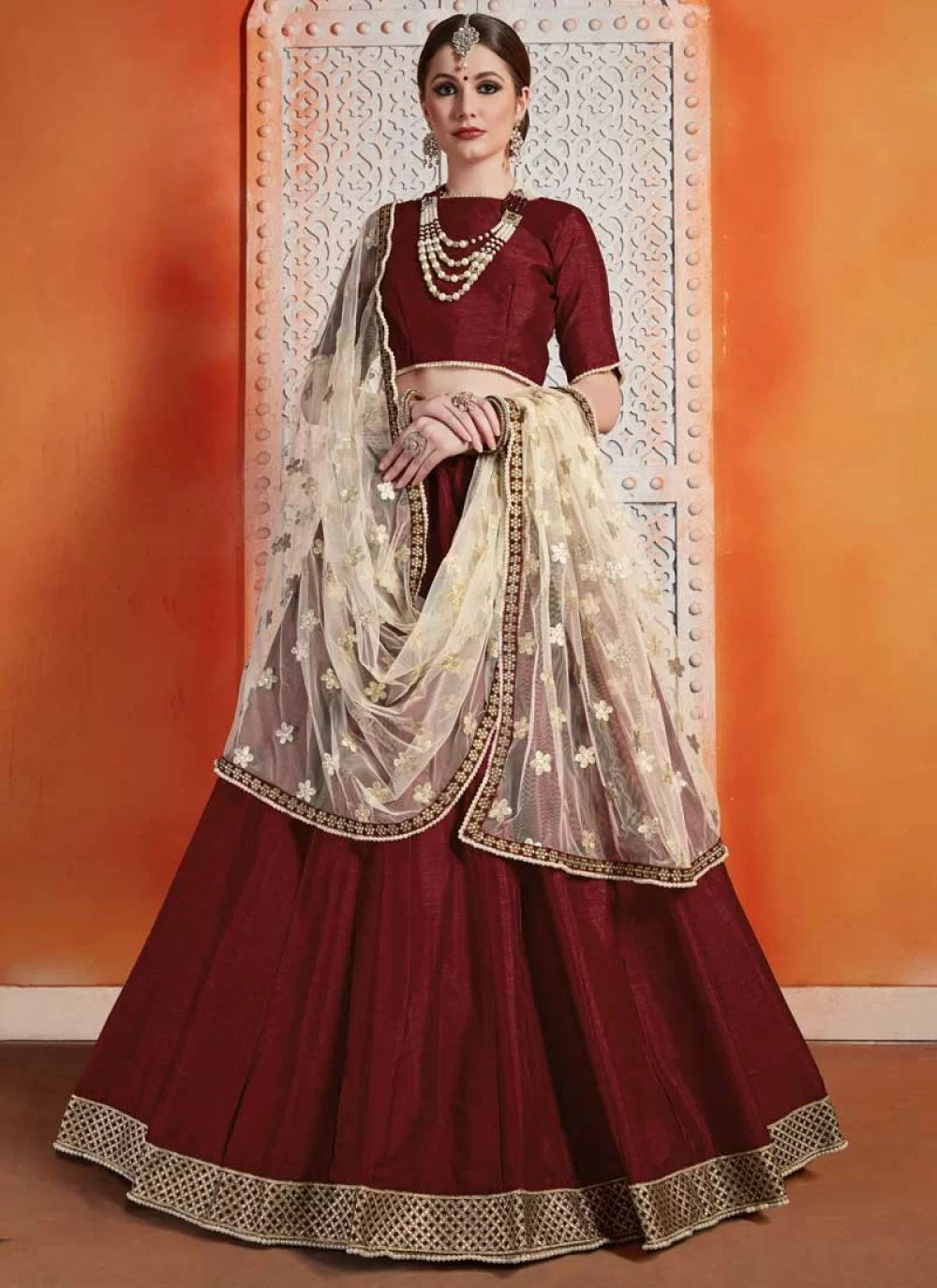Maroon Zari Work Silk Fancy Lehenga