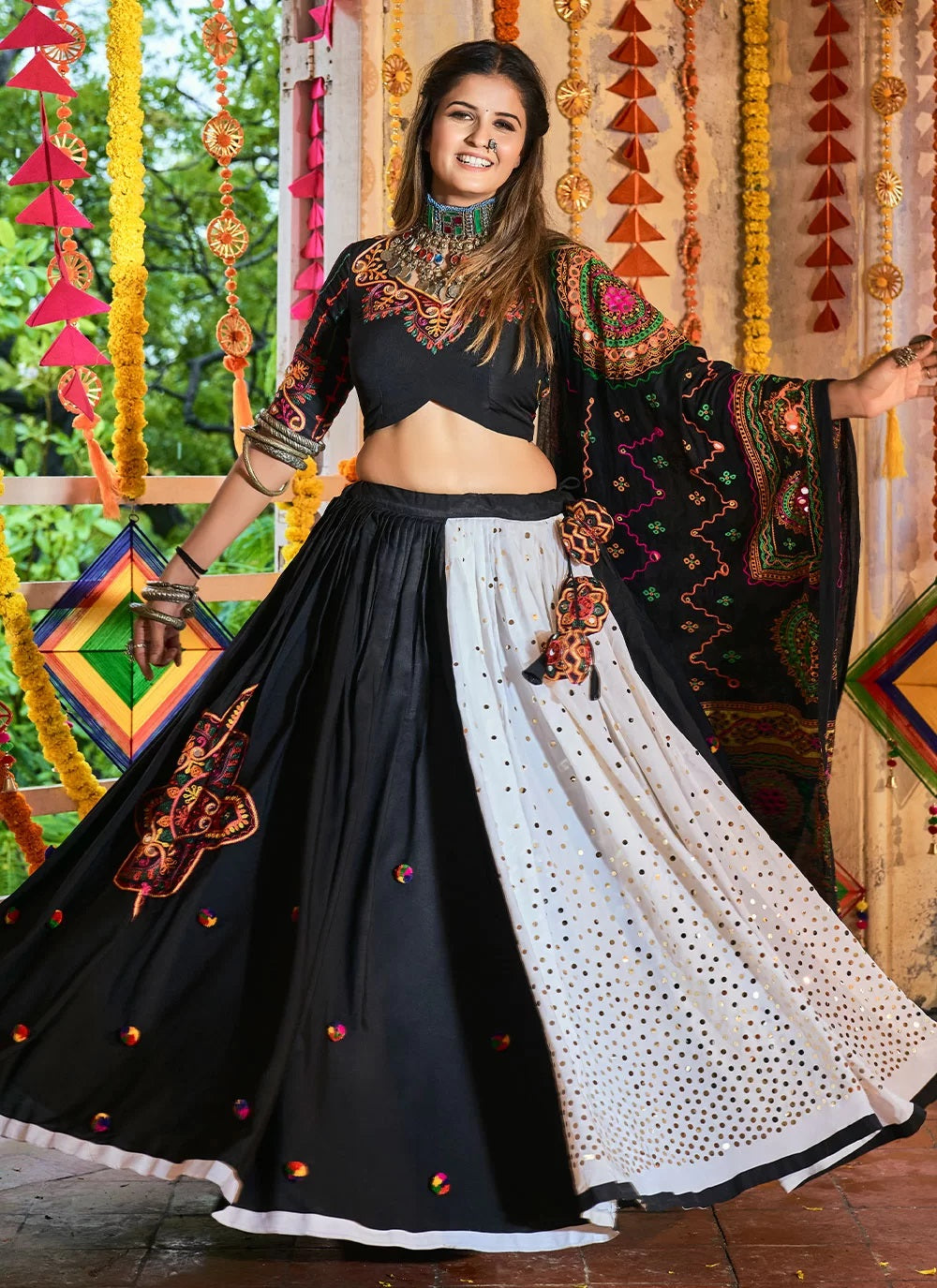 black and white navratri lehenga choli