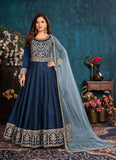 Navy Blue Embroidered Art Silk Abaya Style Anarkali Suit