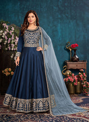 Navy Blue Embroidered Art Silk Abaya Style Anarkali Suit