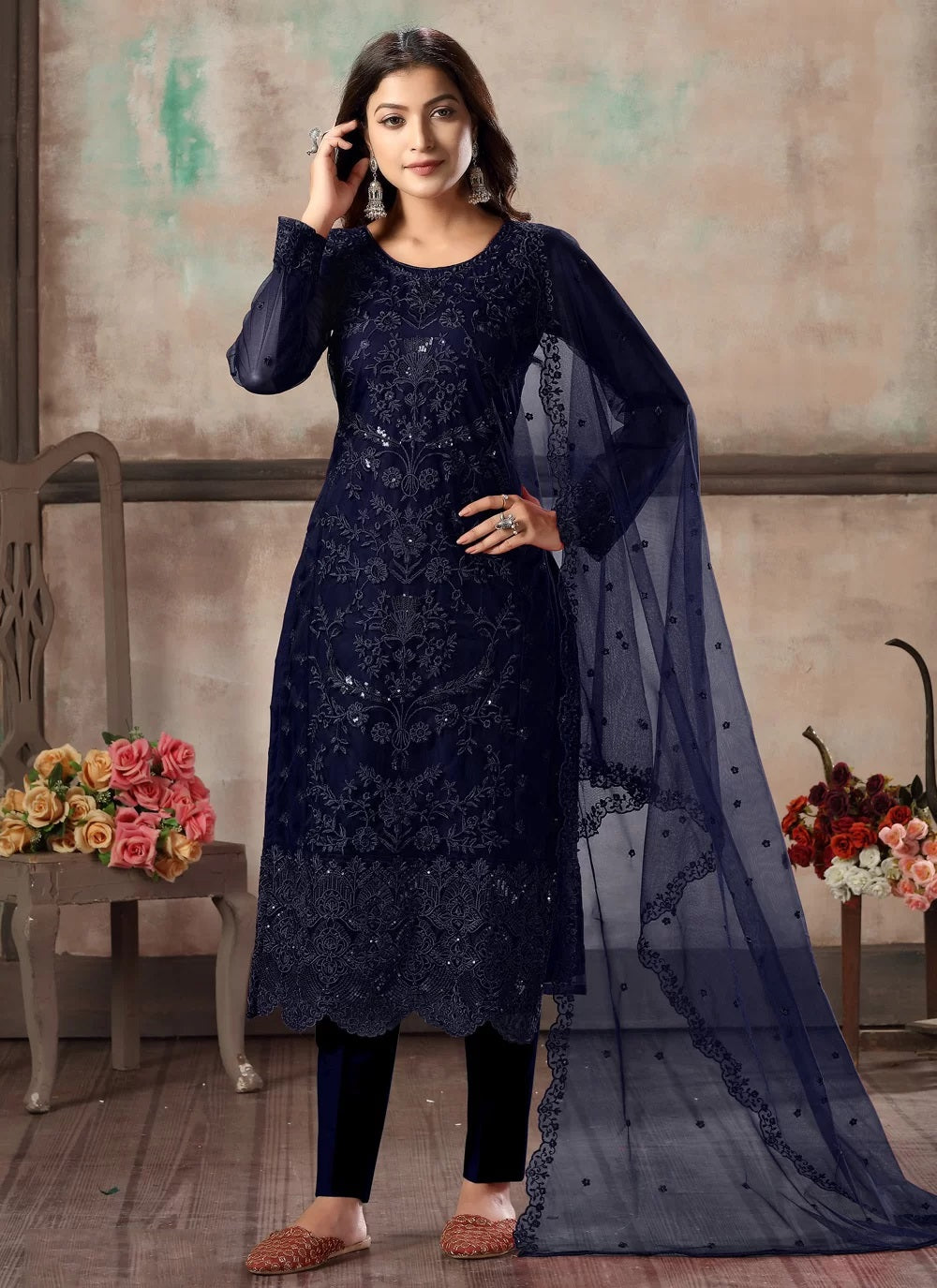 Designer Navy Blue Silk Pant Style Suit with Beautiful Dori Embroidery –  Gunj Fashion