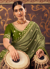 Olive Green Zari Embroidered and Stone Work Saree in Chinnon