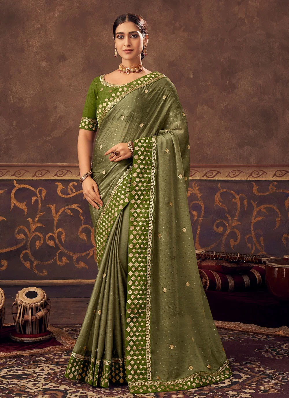 Olive Green Zari Embroidered and Stone Work Saree in Chinnon