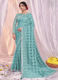 Organza Printed Embroidered Wedding Saree In Aqua Blue
