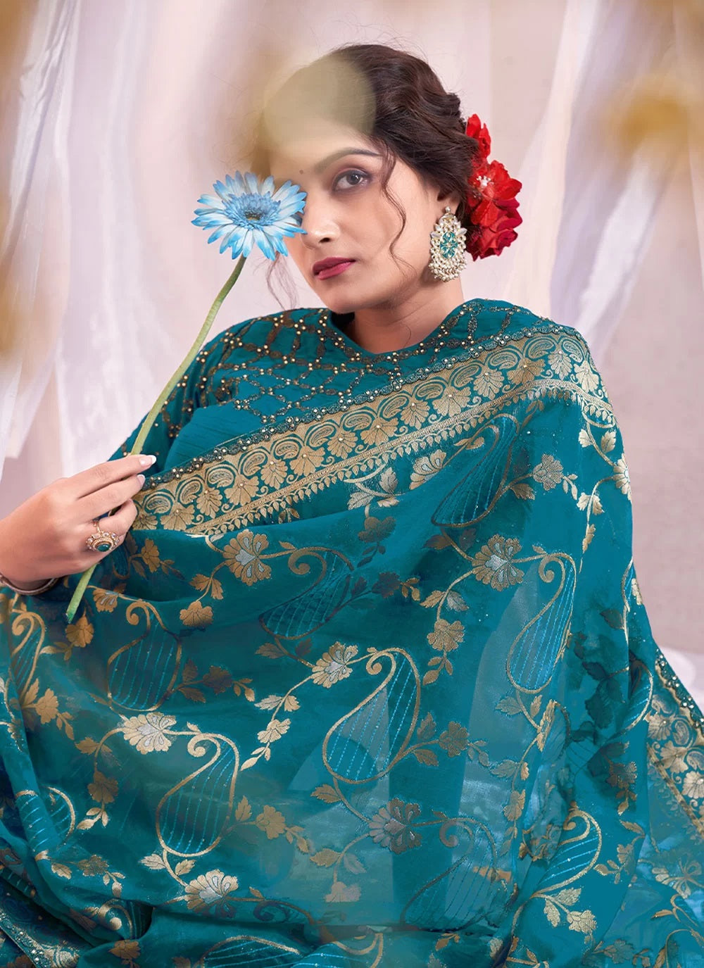 Organza Silk Blue Color Printed Embroidery Saree