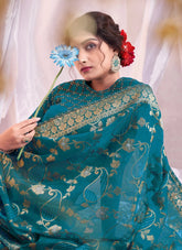 Organza Silk Blue Color Printed Embroidery Saree