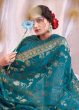 Organza Silk Blue Color Printed Embroidery Saree