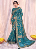 Organza Silk Blue Color Printed Embroidery Saree