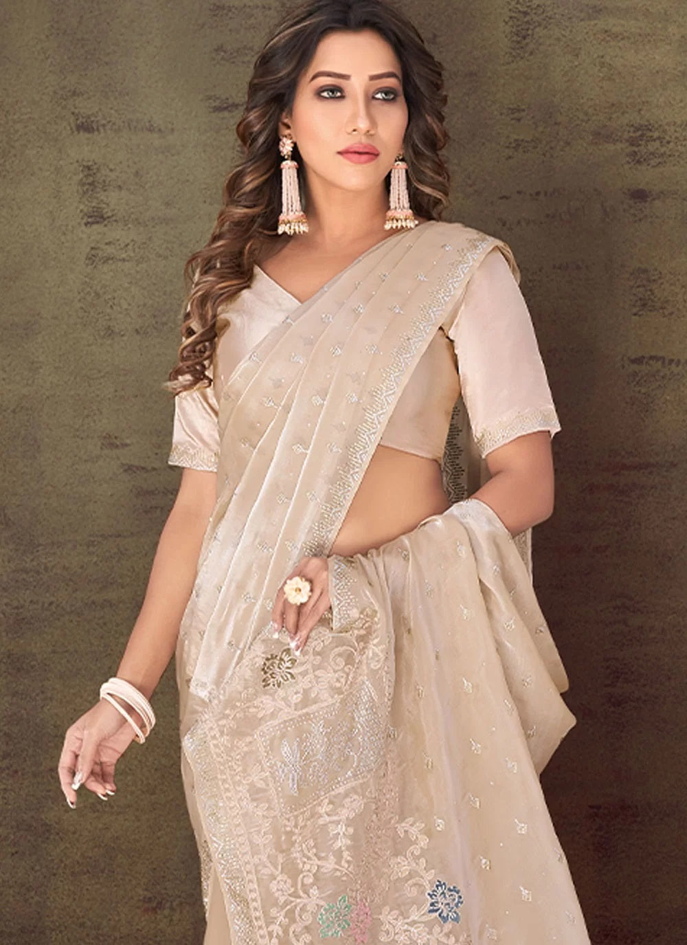 Organza Silk Georgette Stone Work Cream Saree