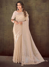 Organza Silk Georgette Stone Work Cream Saree