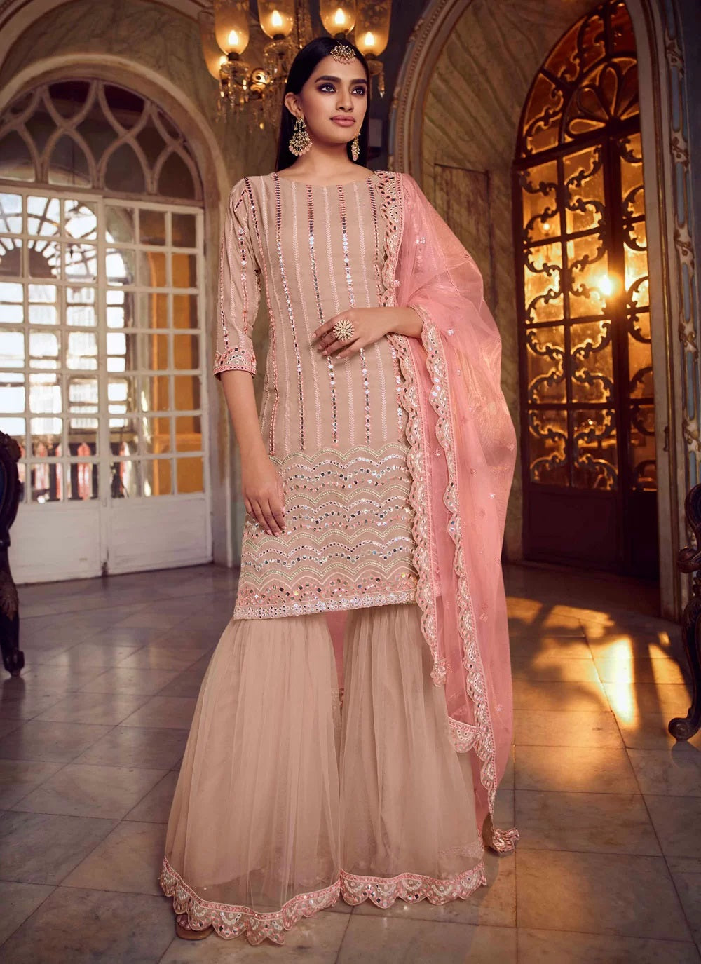 Peach Foil Mirror and Thread Work sharara dress