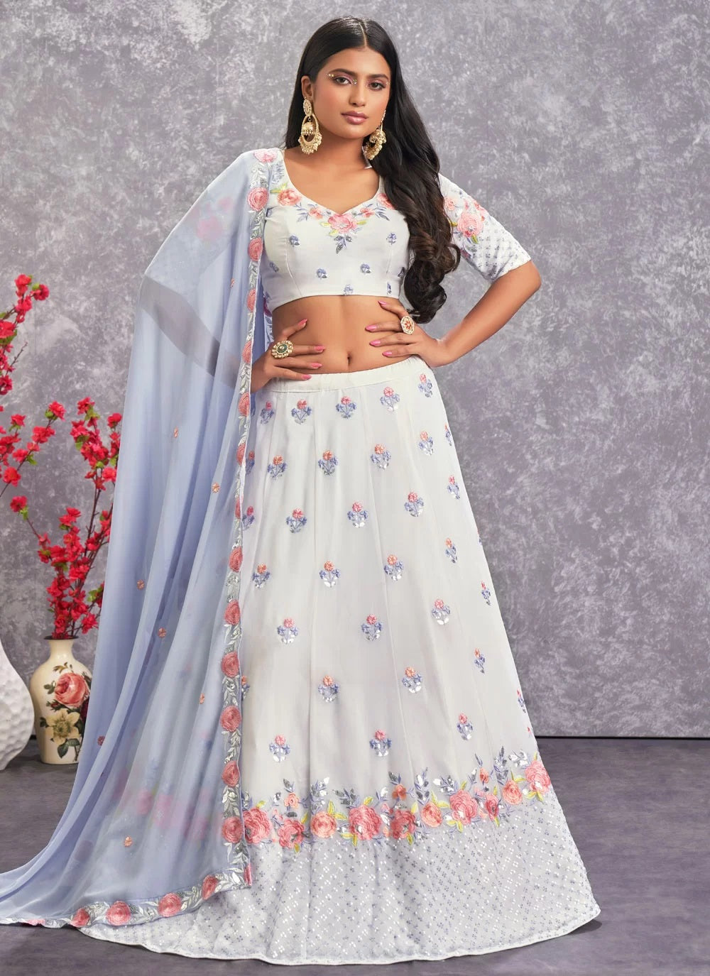 Pearl White Georgette Embroidered Mirror Work Lehenga