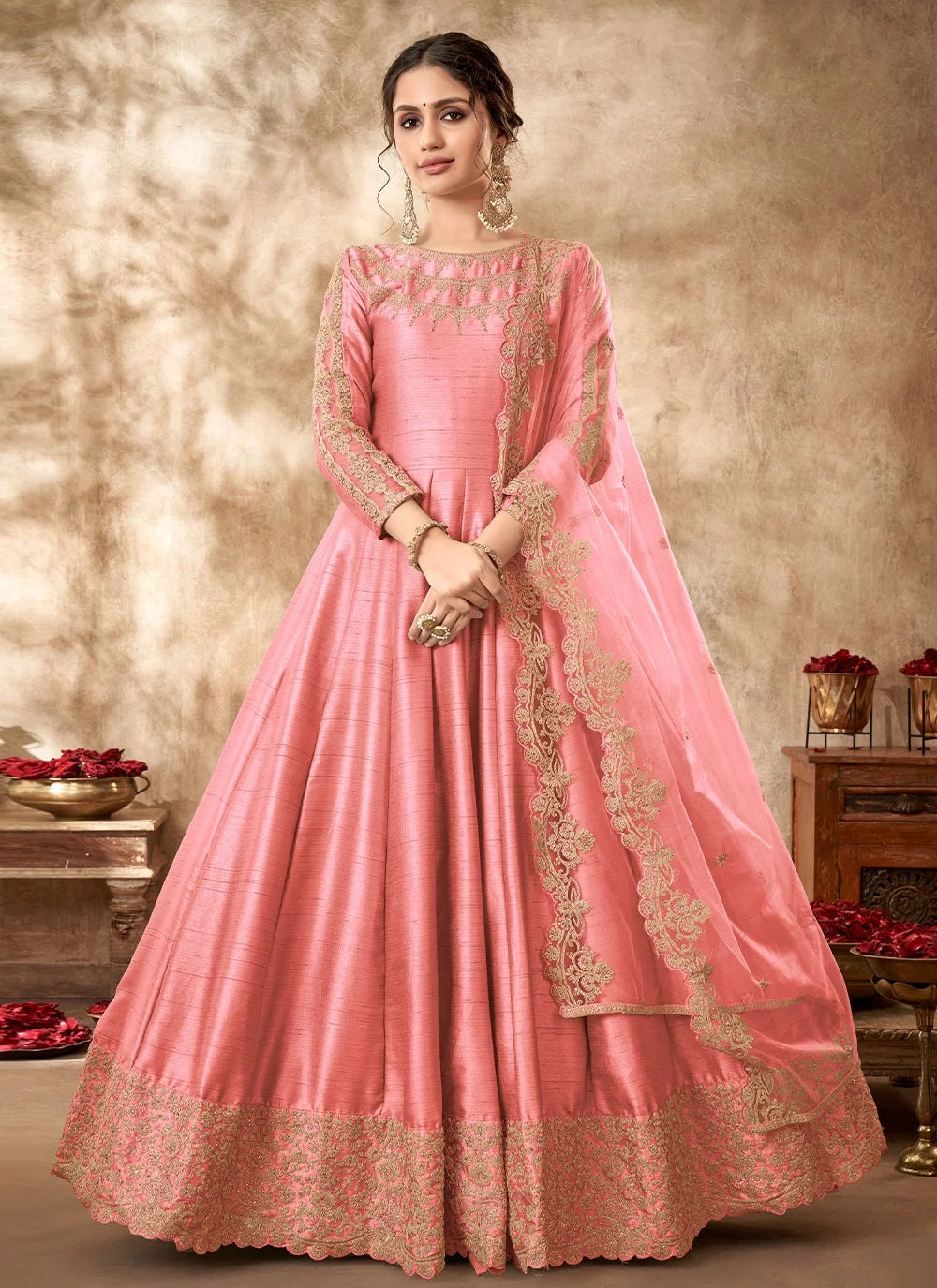 Pink Art Silk Zari Embroidery Anarkali Suit